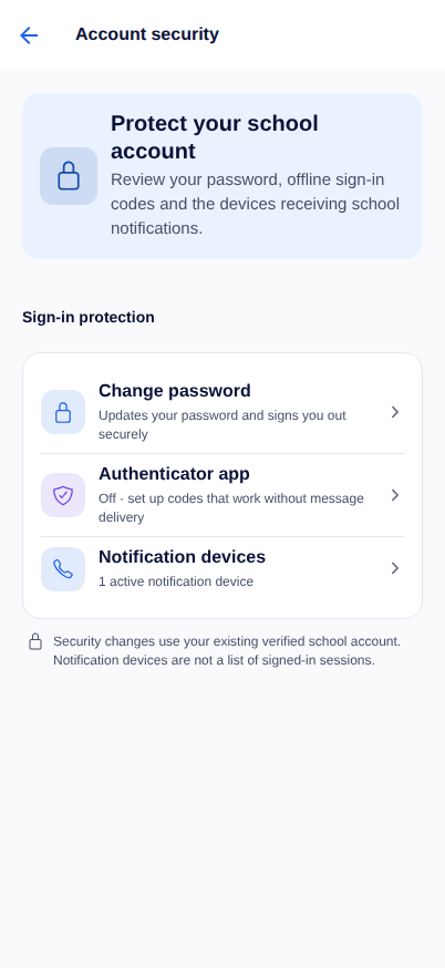 Account security screen showing password, authenticator and notification-device controls.