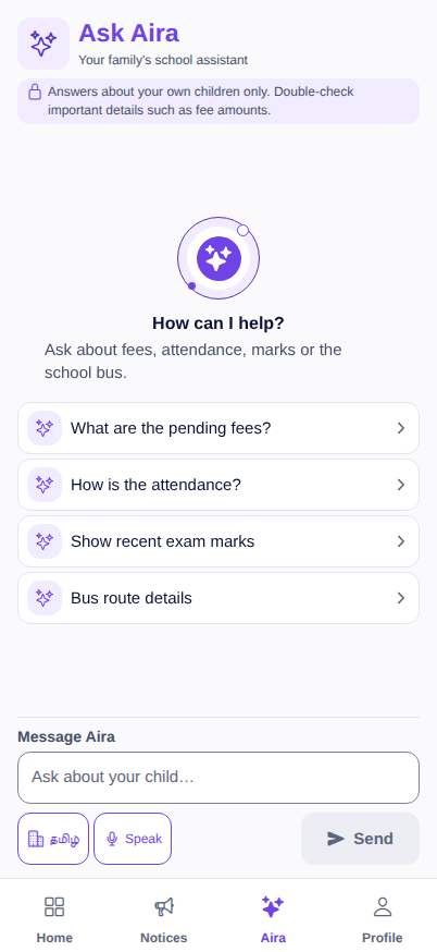 Aira assistant screen showing sample prompts for fees, attendance, marks and transport.