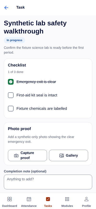 Operations task screen showing a sample lab-safety checklist and photo-proof controls.