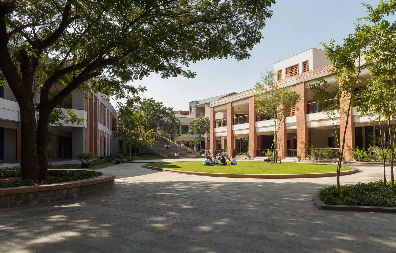 Generated fictional Indian school campus used only to illustrate the visual direction of a demo-school website; it does not depict a real institution or customer.