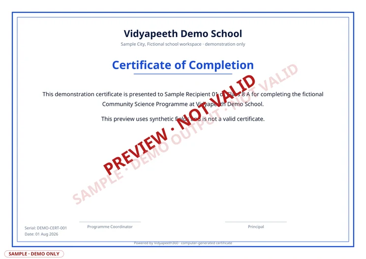 Sample landscape certificate rendered by Vidyapeeth360 with fictional recipient wording, issue reference and signatory lines. It is visibly marked PREVIEW, SAMPLE and NOT VALID.