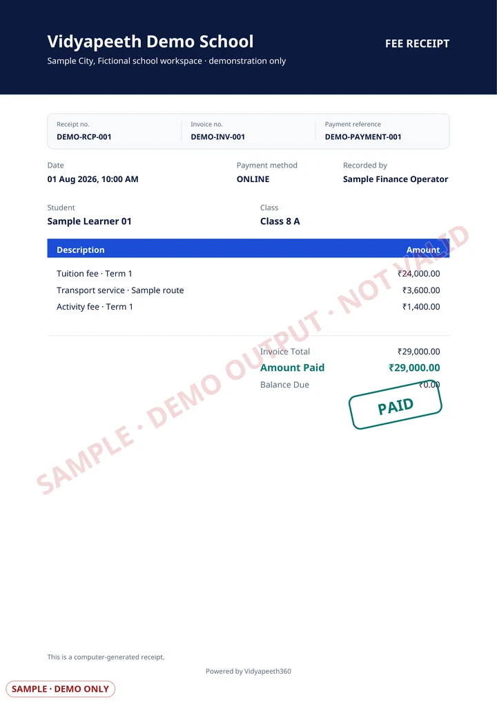 Sample Vidyapeeth360 fee receipt with fictional receipt, invoice and payment references, fee line items and exact paise totals. It is visibly marked SAMPLE and NOT VALID.