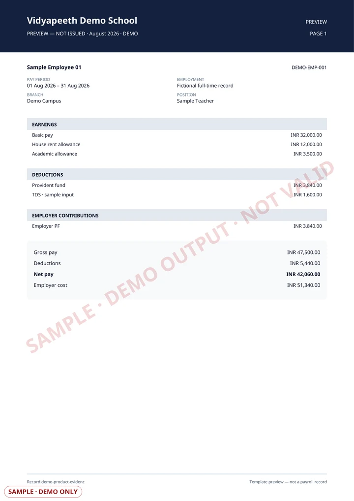 Sample Vidyapeeth360 payslip with fictional employee context, earnings, deductions, employer contribution and exact paise totals. It is visibly marked SAMPLE and NOT VALID.