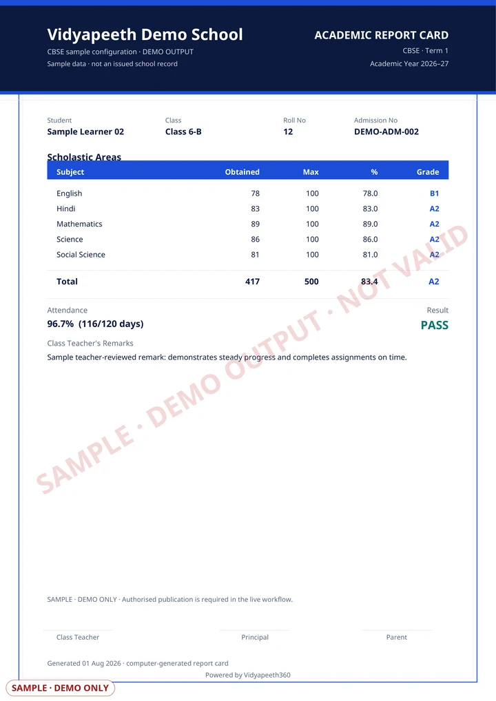 Sample Vidyapeeth360 academic report card with subject marks, grades, attendance, overall result and a teacher-reviewed remark. It is visibly marked SAMPLE and NOT VALID.