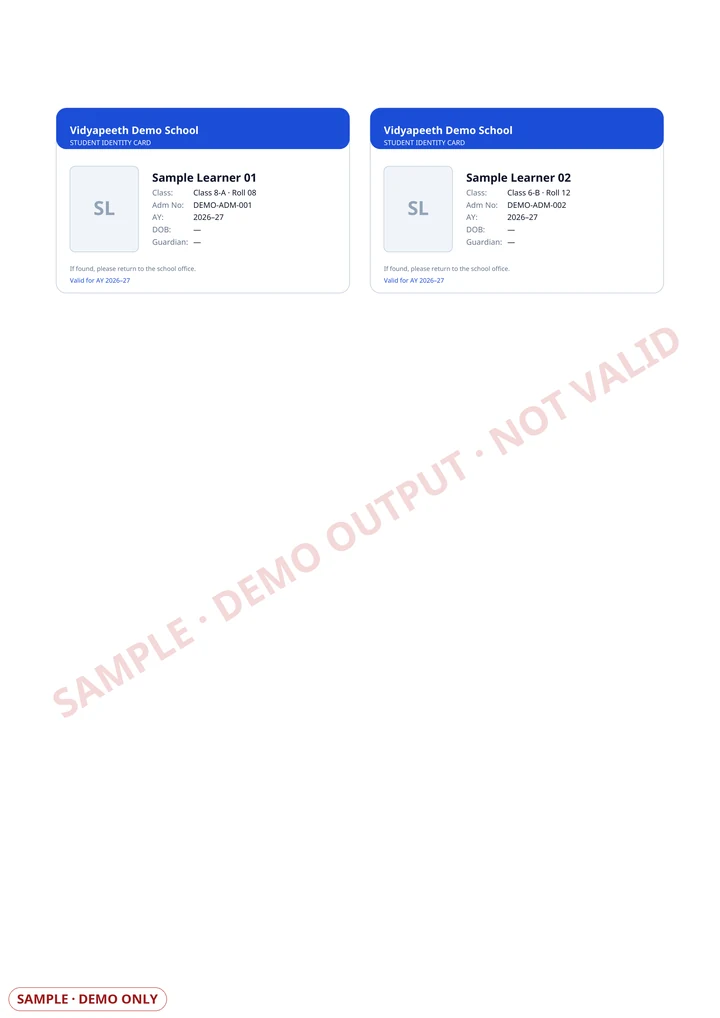 Sample A4 print sheet rendered by Vidyapeeth360 with two fictional, non-verifiable student identity cards and cut guides. It is visibly marked SAMPLE and NOT VALID and contains no actionable QR code.