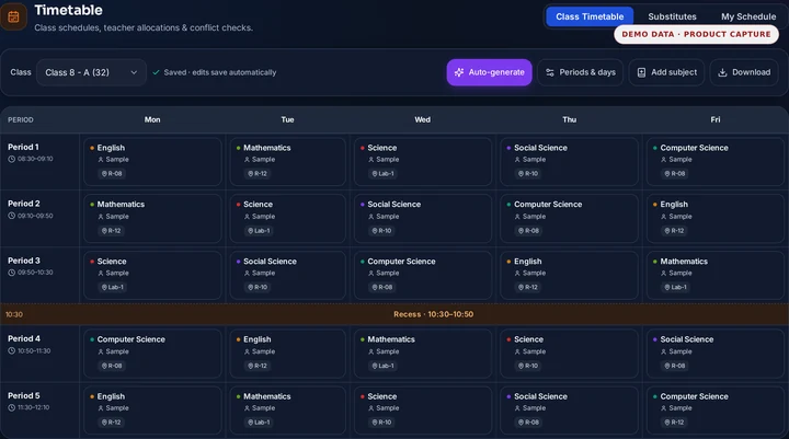 Vidyapeeth360 Timetable in dark theme showing the same synthetic Class 8A weekly grid with period times, subjects, assigned staff labels and rooms.