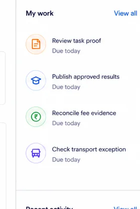 Assigned work panel from the Vidyapeeth360 school-day walkthrough, with four review tasks and their due state.
