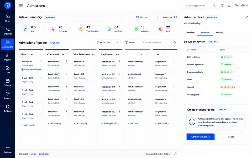 Vidyapeeth360 admissions workspace showing enquiry stages, application review, documents and supervised student-record creation.