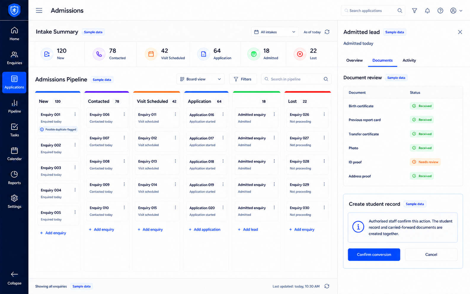 Conceptual admissions dashboard showing enquiry-to-enrolment stages.
