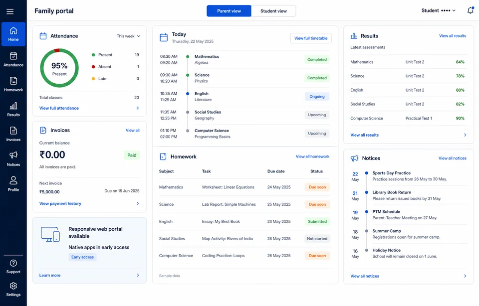 Vidyapeeth360 family portal showing attendance, the daily timetable, invoices, homework, results and notices.