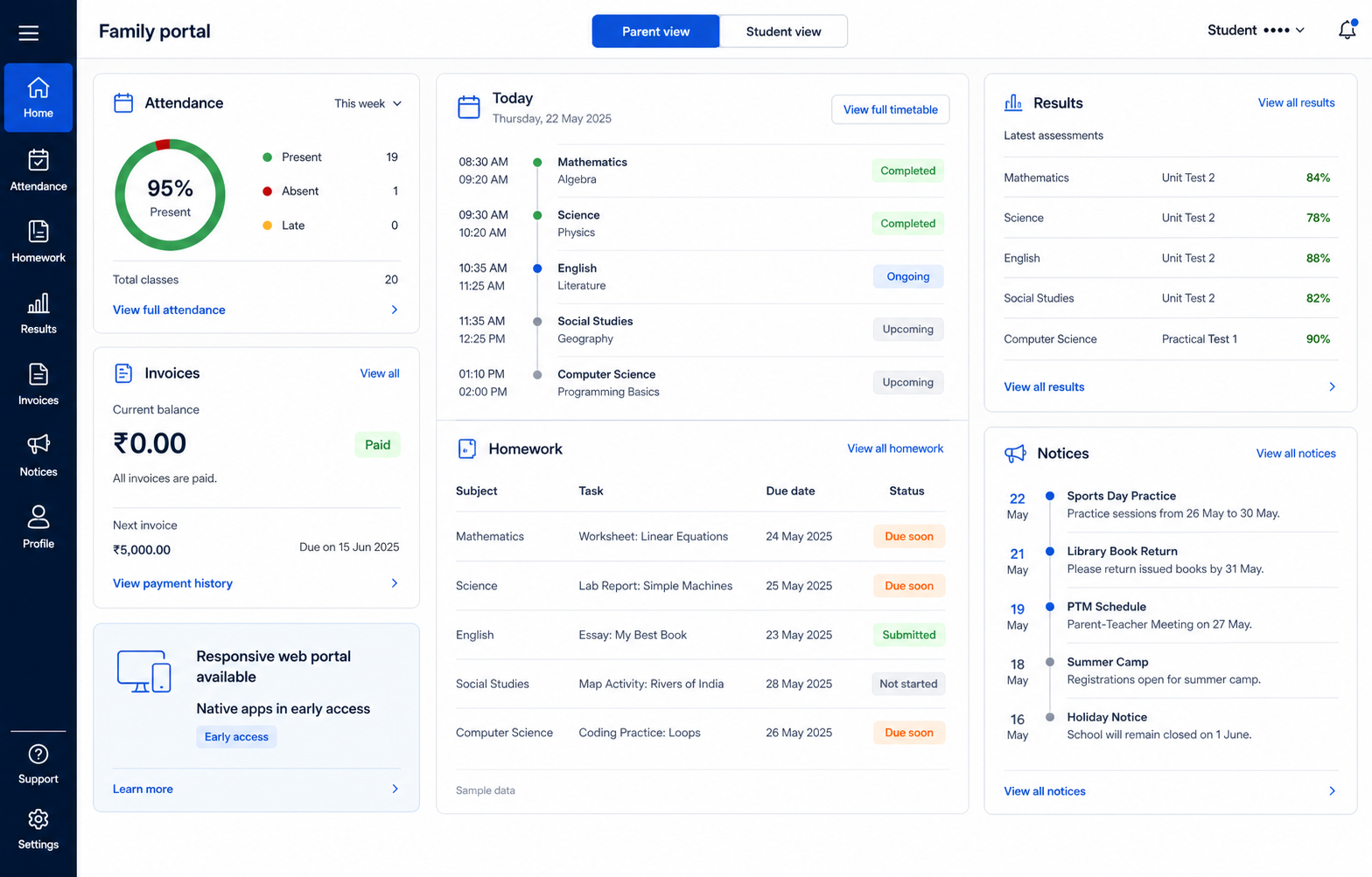 Illustrative responsive family portal for attendance, homework, fees and school updates.