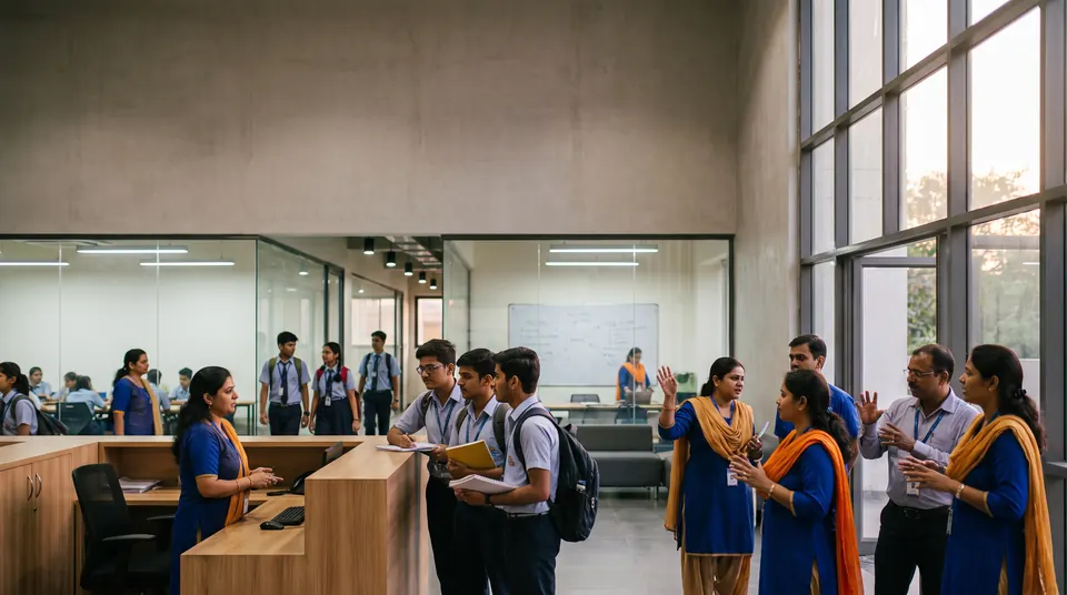 A fictional Indian coaching centre before an evening session, with staff, learners and an admissions conversation in a modern supervised space.