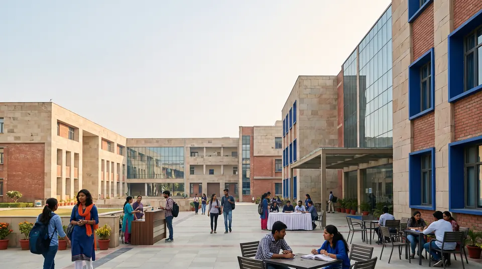 A fictional contemporary Indian higher-education campus with students and faculty moving through an academic quadrangle.