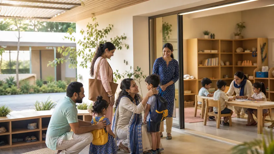 A fictional Indian preschool morning handoff, with parents, children and early-years teachers in a bright supervised learning space.