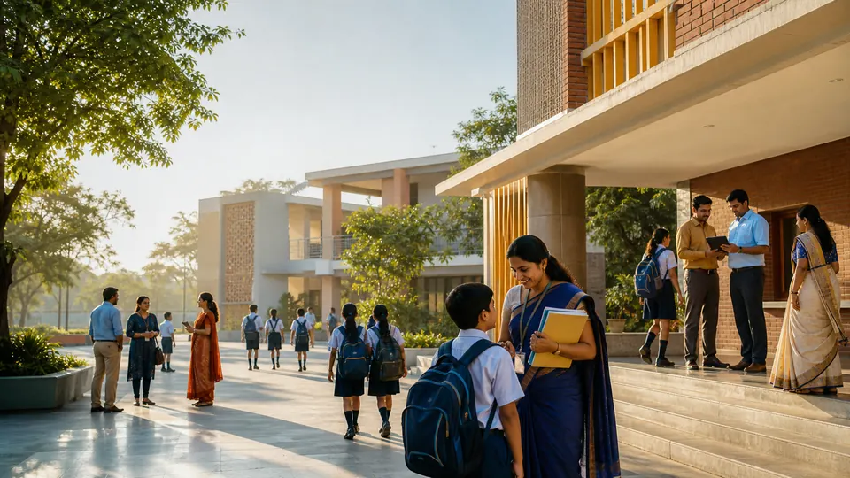 A fictional contemporary Indian K-12 campus during morning arrival, with students, teachers, parents and school staff coordinating across the courtyard.