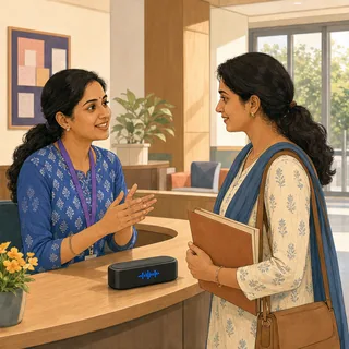 Illustration of an admissions counsellor speaking with a parent at a welcoming Indian school admissions desk.