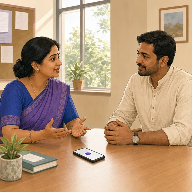 Illustration of a teacher and a parent talking across a school meeting table while a phone records with consent.
