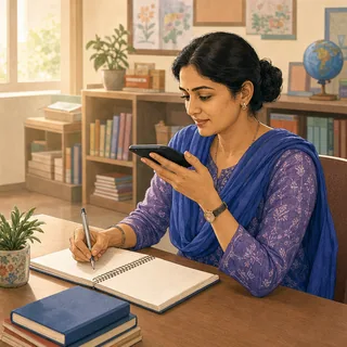 Illustration of a teacher dictating a quick observation into a phone while writing in a notebook after class.